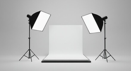 Studio setup with two softbox lights and a white backdrop on a gray background.