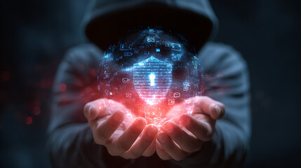 Person holding glowing digital sphere with shield and data hands