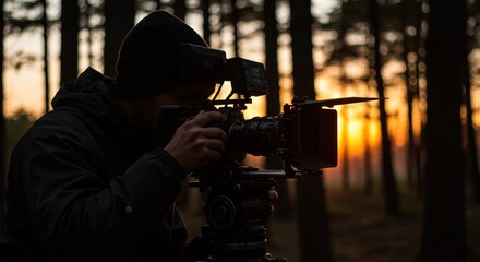Person films with professional camera in forest at sunset or sunrise.