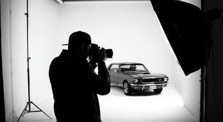 Photographer taking a picture of a classic car in a studio setting.