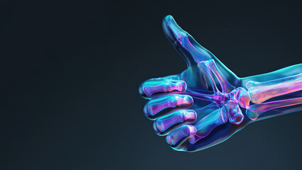 Neon X-ray hand pointing gesture on dark background. Direction and choice concept.