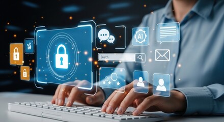 Person typing a keyboard with cybersecurity icons, illustrating data protection and online privacy in digital age for business and personal use