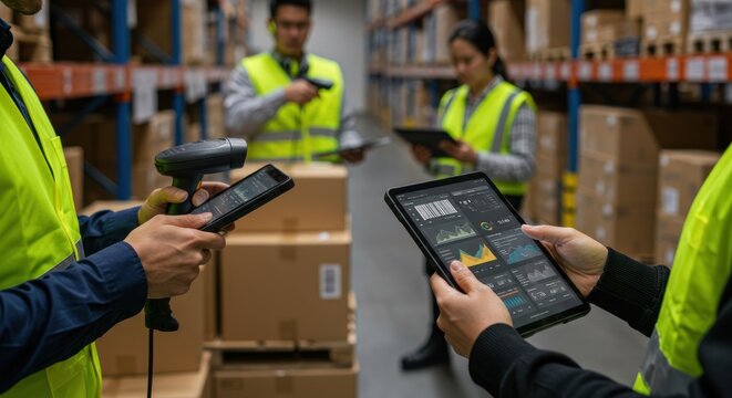 Warehouse workers using scanners and tablets for inventory management in a distribution center.