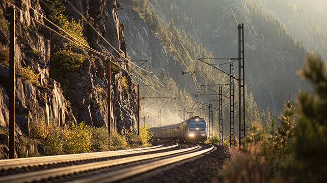 Train runs along tracks through a mountain valley; transport shot about travel and infrastructure. - Powered by Adobe
