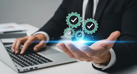 A businessman presents gears with check marks, symbolizing quality control, process management, and successful business operations with high standards and compliance