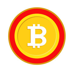 Golden bitcoin coin with red border on white background