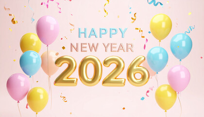 3D Pastel Balloon and Metallic Lettering Happy New Year 2026