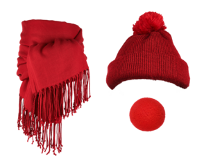 Red winter accessories: a knitted hat with a pompom, a fringed scarf, and a foam clown nose isolated on a transparent background. Vibrant and playful, perfect for seasonal themes or costumes. PNG
