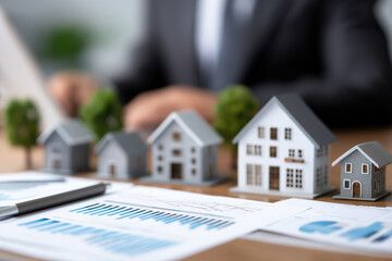 Real estate analysis with miniature houses and financial charts on a desk