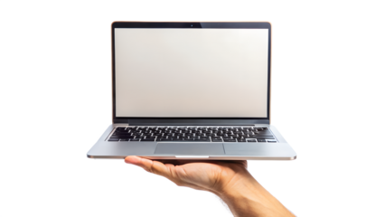 A hand holding a modern laptop with blank screen isolated on transparent background to present a new product or service