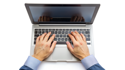 Overhead shot of hands typing on a laptop keyboard isolated on transparent background for business, communication or work