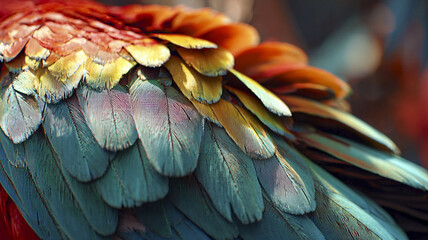 Obraz premium Macro close-up of vivid parrot plumage — feather detail, saturated colors and intricate textures.