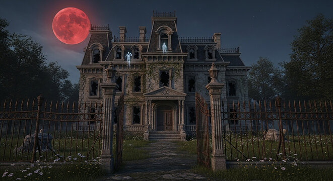 A haunted mansion under a blood-red moon, decaying yet imposing, stands behind wrought-iron gates.
