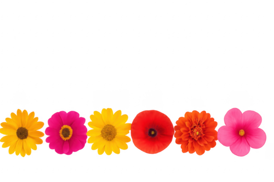 Colorful flowers forming a horizontal line on transparent background