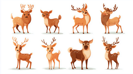 Fototapeta premium set of cute reindeer cartoon style, isolated on white background. Design element for Christmas greeting card, poster, wallpaper.