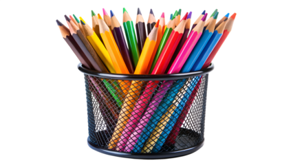 A basket full of colorful pencils, ideal for art projects and schoolwork isolated on transparent background