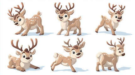 Naklejka premium set of cute reindeer cartoon style, isolated on white background. Design element for Christmas greeting card, poster, wallpaper.