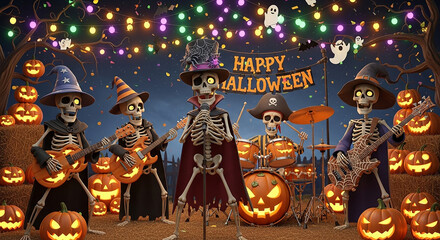 Skeleton band performs a Halloween concert amidst jack-o'-lanterns and spooky decorations.