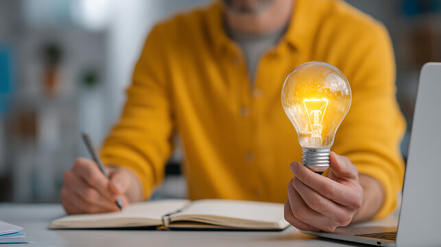 Person holding glowing lightbulb near notebook and laptop idea innovation