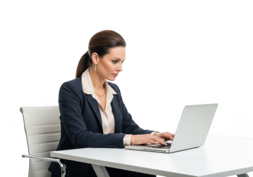 Businesswoman typing on a laptop at a desk, isolated on transparent background