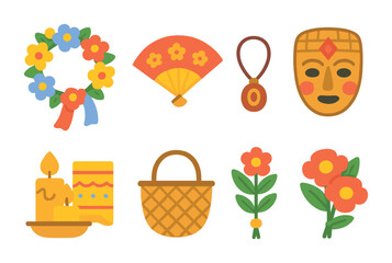 Fototapeta premium Cultural Dress Icons Grid. Flat vector mini-illustrations cultural dress rituals in colors children's