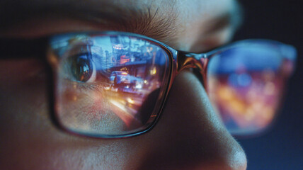 City night reflected in a person&rsquo;s glasses , close-up about attention to detail and urban life in the lenses.