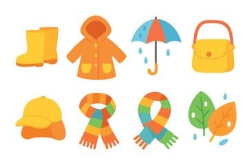 Rainy Day Essentials. Flat vector mini-illustrations rain day style in colors children's illustrations: rubber