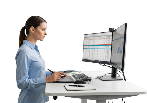 Woman working at a standing desk with dual monitors, isolated on transparent background