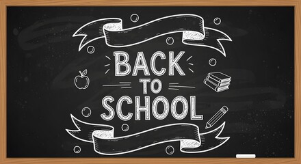 Back to School Message on Chalkboard with School Supplies