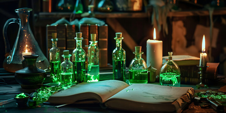 "Ancient Alchemical Tools and Books Illuminated by Candlelight, Mystical Historical Setting"