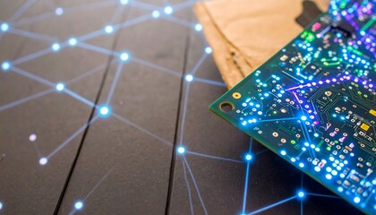 A circuit board overlaid with glowing network connections, showcasing the intricate technology and interconnectedness of modern systems.