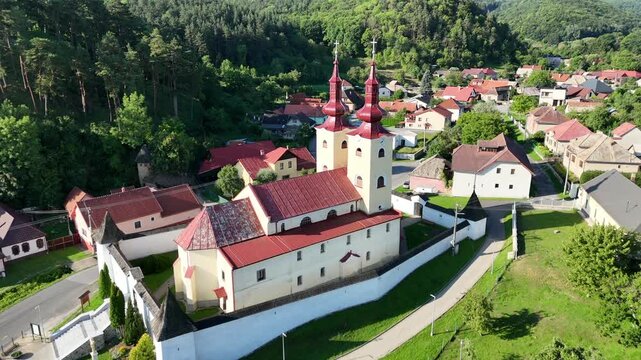 Aerial drone view of All Saints Church, Div&iacute;n, Slovakia