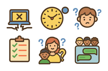 Fototapeta premium Remote Team Challenges. Flat vector mini-illustrations remote leadership challenges in colors children's