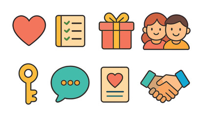Cute Relationship Icons. Flat vector mini-illustrations relationship tips in colors children's illustrations: