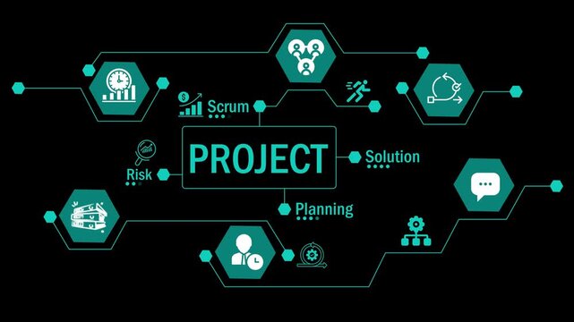 showcases a network of project-related icons, symbolizing the interconnectedness of various aspects such as planning, teamwork, and risk management in project execution.