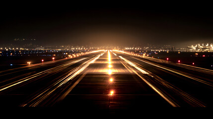 Fototapeta premium Illuminated airport runway at night with endless perspective