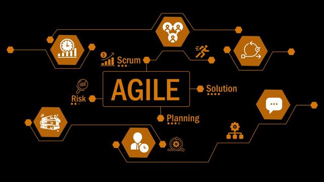 Agile project management methodology concept with icons representing scrum, planning, risk, solution, communication, and team collaboration, illustrating a modern approach to business development. 