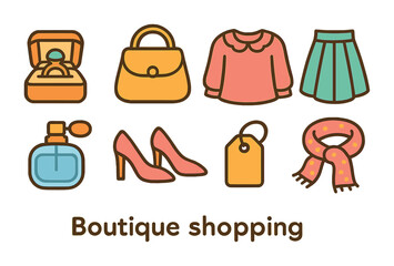 Children's Shopping Icons. Flat vector mini-illustrations boutique shopping in colors children's illustrations