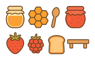 Honey and Jam Delights. Flat vector mini-illustrations local honey and jams in colors children's illustrations