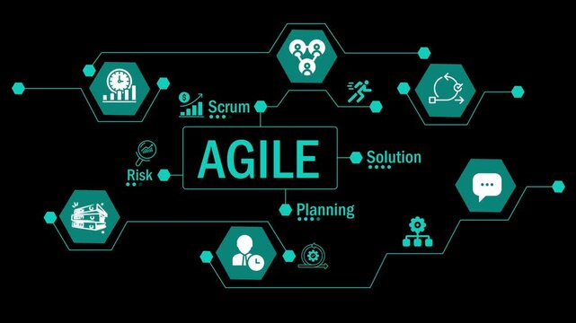 Agile methodology concept with interconnected icons representing project management, teamwork, planning, and innovation for efficient software development and strategic business solutions.