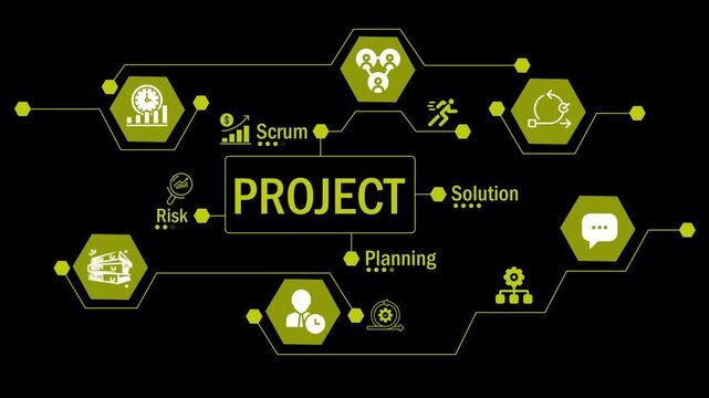 showcases a network of project-related icons, symbolizing the interconnectedness of various aspects such as planning, teamwork, and risk management in project execution.