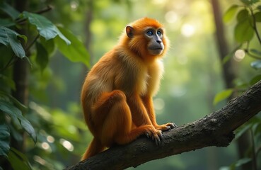 Fototapeta premium Golden snub-nosed monkey perches on tree branch in forest. Orange primate with blue eyes sits amongst green foliage. Wildlife species in natural habitat, conservation importance for biodiversity.