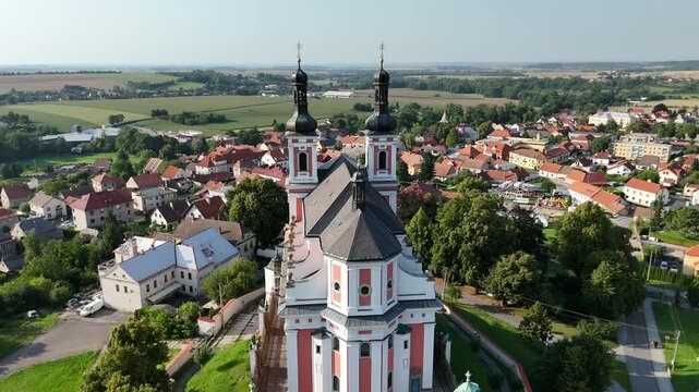 Aerial drone view of Pilgrimage Church of St. Mary Help of Christians, Luže, Czech Republic