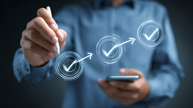 Person holding stylus and phone with glowing checkmarks and arrows business technology