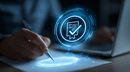 Person signing digital document with glowing checkmark digital signature approval