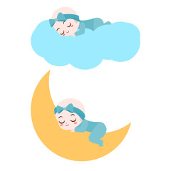 Sleeping Baby Cartoon Vector Isolated – Whimsical Child Resting on Cloud and Pillow, Perfect for Nursery Decor and Children’s Book Design