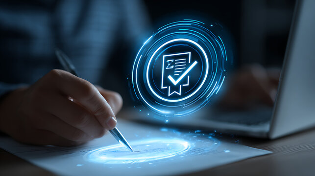Person signing digital document with glowing checkmark digital signature approval