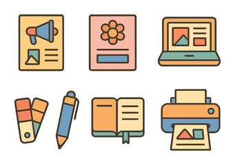 Colorful Marketing Icons. Flat vector mini-illustrations creating marketing materials in colors children's