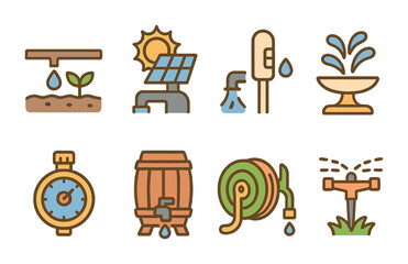 Water-Saving Icon Grid. Flat vector mini-illustrations water-saving park features in colors children's