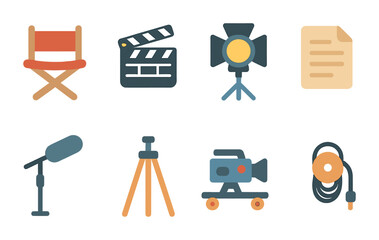Movie Set Icons. Flat vector mini-illustrations movie set essentials in colors children's illustrations: